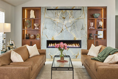 Inspiration for a large transitional light wood floor living room remodel in Dallas with a stone fireplace