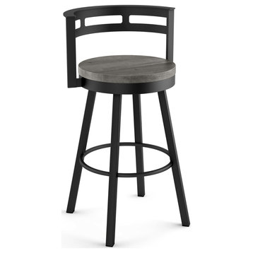 Amisco Vector Swivel Counter and Bar Stool, Grey Distressed Wood / Black Metal, Counter Height