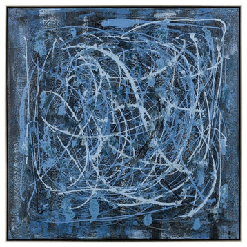 Framed Blue and Black Splatter Abstract Acrylic Painting on Canvas for Eclectic