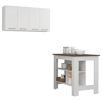 Caledon 2-Piece Kitchen Set, Kitchen Island & Upper Wall Cabinet, White/Walnut