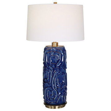 Zade 1 Light Table Lamp, Distressed Blue Glaze and Antique Brass