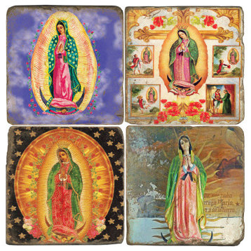 Tumbled Marble Coaster St/4 With Coaster Stand, Virgin Of Guadalupe Ii