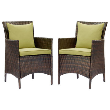 Side Dining Chair Armchair, Set of 2, Rattan, Wicker, Brown Green, Outdoor