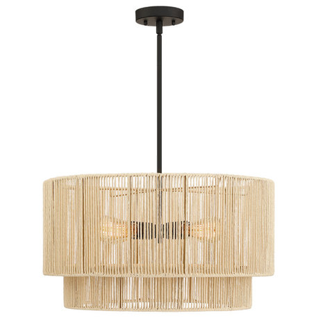 22" W 4-Light Rattan Tiered Drum Chandelier Light With Black Canopy, Beige