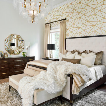 Luxe Master Bedroom with Gold and White Wallpaper Feature Wall