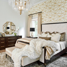 Luxe Master Bedroom With Gold And White Wallpaper Feature