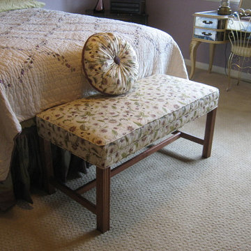 Custom Upholstered Bench with Shirred Sunburst Pillow