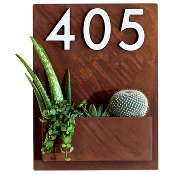 Mid-Century Madness Planter, Rust, Three Silver Numbers