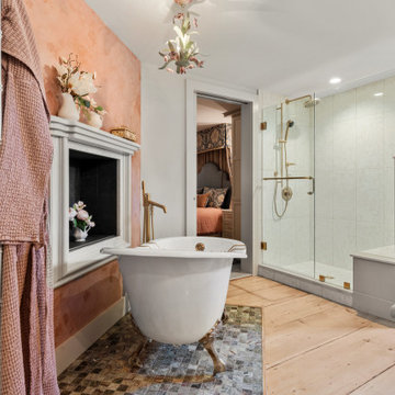 New England farmhouse master bedroom and bath
