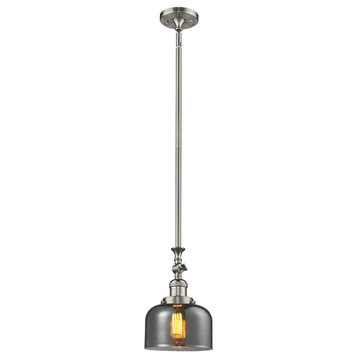 1-Light Large Bell 8" Pendant, Brushed Satin Nickel, Glass: Plated Smoked