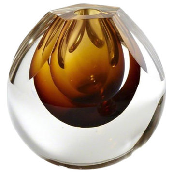 Round Pentagon Cut Art Glass Ball Bud Vase Amber Paperweight Sculpture Geometric
