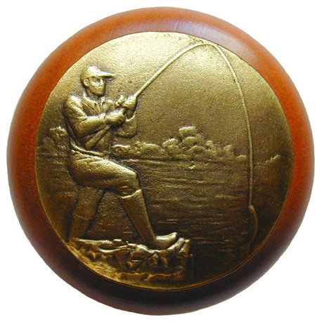 Catch of The Day Cherry Wood Knob, Antique-Style Brass