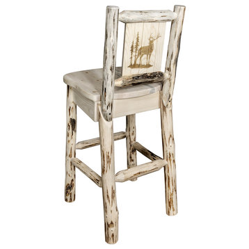 Montana Counter Height Barstool With Laser Engraved Elk, Clear Lacquer Finish, L