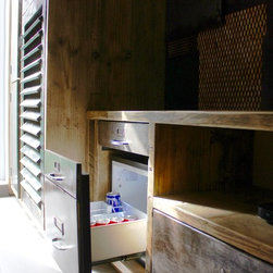 Tunni Reused Scaffolding Media Unit with Vintage Cabinet & Sheet Steel Patchwork - Media Cabinets