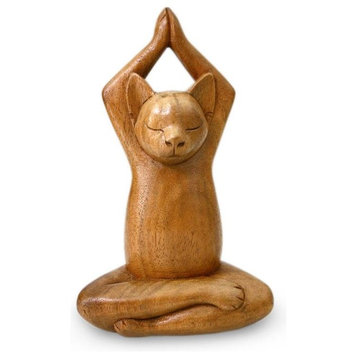 Toward The Sky Brown Yoga Cat Wood Sculpture, Indonesia