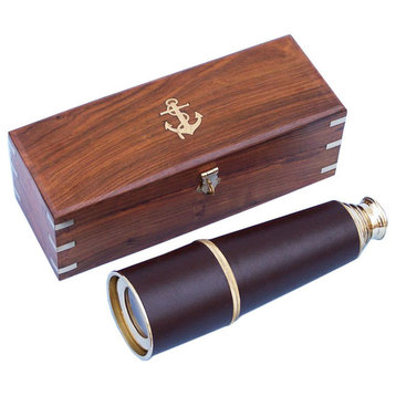 Admiral's Leather Spyglass Telescope With Rosewood Box, Brass, 32"