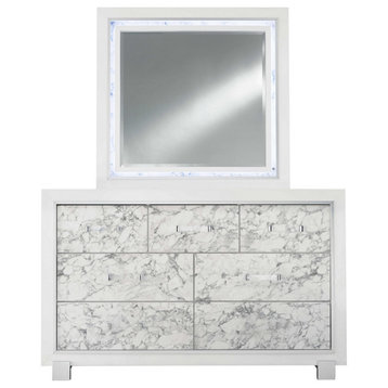 HomeRoots Modern White Dresser With 7 Faux Marble Detailed Front Drawer.