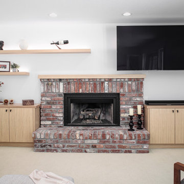 Japandi Open Plan Kitchen to family room with brick fireplace, open shelving