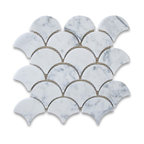9.5"x9.85" Carrara White Grand Fish Scale Fan Shaped Mosaic Tile Honed