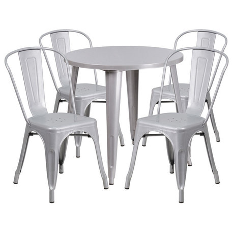 30" Round Silver Metal Indoor-Outdoor 5-Piece Table Set With 4 Cafe Chairs