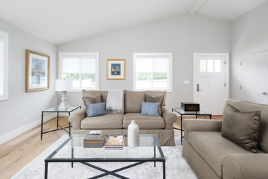 Inspiration for a mid-sized coastal enclosed light wood floor and beige floor living room remodel in Los Angeles with gray walls
