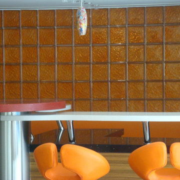 Rec room with orange glass blocks