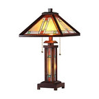AARON Tiffany-style 3 Light Mission Double Lit Wooden Table Lamp 15inches Shade