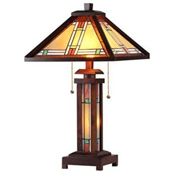 AARON Tiffany-style 3 Light Mission Double Lit Wooden Table Lamp 15inches Shade