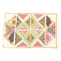 Mogulinterior - Indian Decorative Embroidered Beige Patchwork Sari Tapestry Wall Hanging - Tapestries