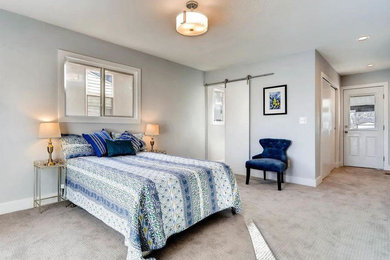 Mid-sized elegant master carpeted and gray floor bedroom photo in Other with gray walls