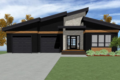 Inspiration for a mid-sized contemporary black two-story vinyl and clapboard house exterior remodel in Other with a shed roof, a metal roof and a black roof