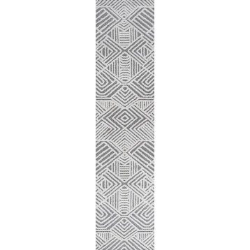 Jordan High-Low Pile Art Deco Geometric In/Outdoor White/Black 2x8 ft Runner Rug