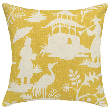 Mustard Chinoiserie Printed Linen Pillow With Feather-Down Insert