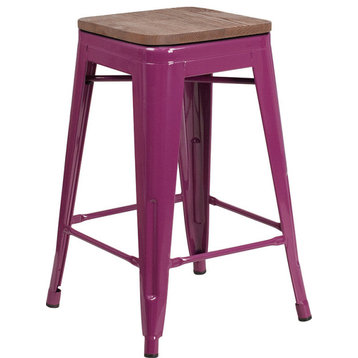24"High Backless Purple Counter Height Stool with Square Wood Seat