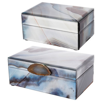 Benzara BM285522 8, 6" Jewelry Box, Blue Silver Marble Effect, Glass and Stone