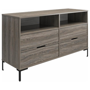 Modern Dresser, 2 Open Shelves & 4 Drawers With Cut Out Handles, Weathered Oak