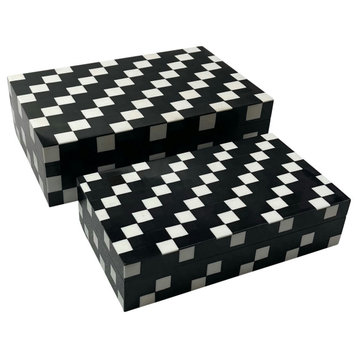 Resin, S/2 10/12" Diagonal Square Boxes, Wt/blk