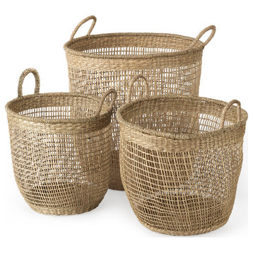 Bowie Medium Brown Seagrass Round Baskets w/Handles (Set of 3)