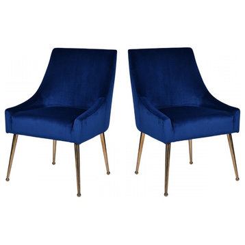 Modrest Castana Modern Blue Velvet and Gold Dining Chair, Set of 2