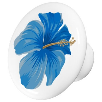 Blue Hibiscus Ceramic Cabinet Drawer Knob