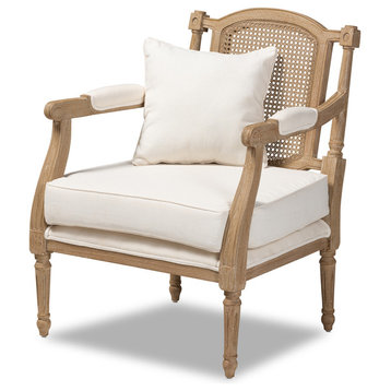 Ferrella French Ivory Fabric Upholstered Whitewashed Wooden Armchair, Ivory/Oak
