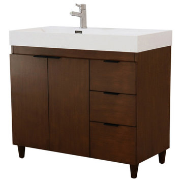 39" Single Sink Vanity, Walnut With White Composite Granite Top