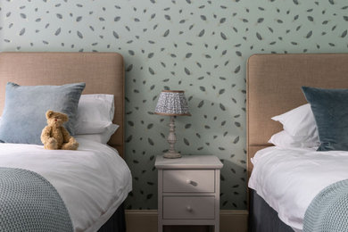 Inspiration for a medium sized classic kids' bedroom in Channel Islands with green walls and wallpapered walls.