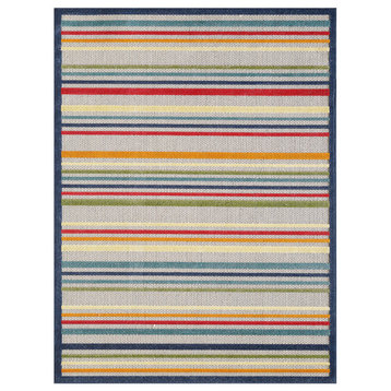 8' Round Ivory And Blue Round Striped Stain Resistant Indoor Outdoor Area Rug