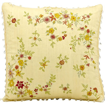 Mina Victory Silk Embroidery Floral Yellow Throw Pillow