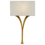 Currey & Company - Choisy Wall Sconce - You might be convinced the delicately beautiful Choisy Wall Sconce has been carved from wood but it is made of wrought iron that has been treated to an antique gold leaf finish. The winsome curve of the wishbone shape and the slight flare at the bottom bring this light fixture gracefulness. The rectangular white linen shade that seems as if it balances on the upper arcs completes the lovely composition.