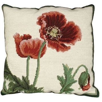 Throw Pillow Needlepoint Poppies Flower 18x18 Beige Cotton Velvet