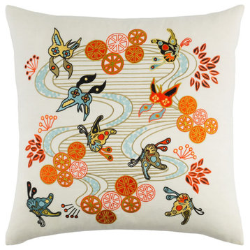 Chinese River by E. Gardner Pillow, Cream/Olive/Orange, 22' x 22'