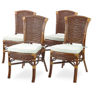 Set of 4 Alexa Dining Side Chairs Dark Walnut Color Natural Rattan Wicker
