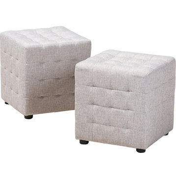 Modern Greyish Beige Fabric Upholstered Tufted Cube Ottoman Set of 2